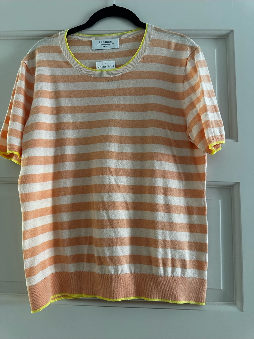 La Ligne Peach & Lemon Striped Short Sleeve Sweater with Neon Trim